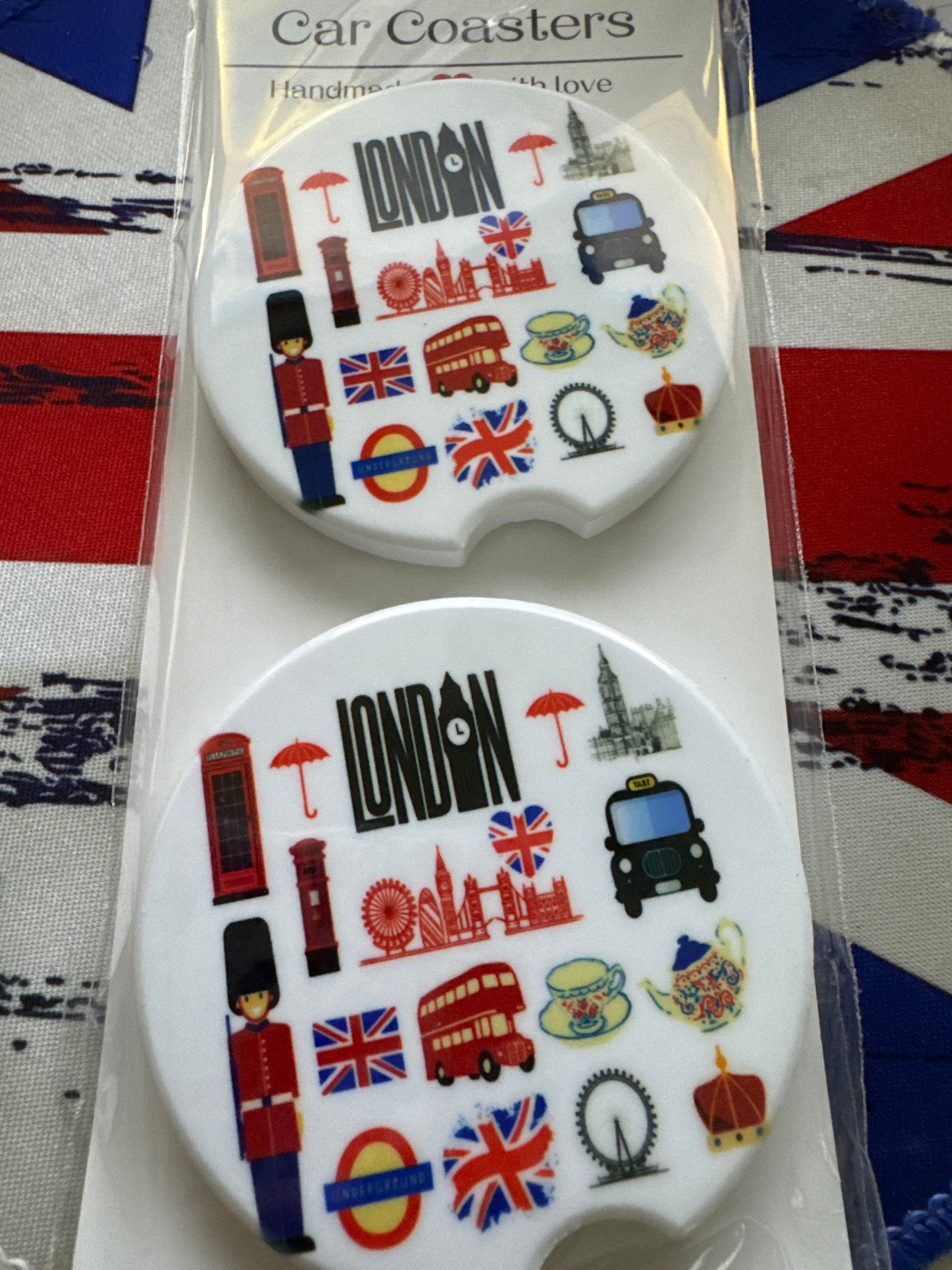 Car Coaster - Custom Made - London- Big Ben, Heart Union Jack, Taxi, etc - Ceramic, Set of 2