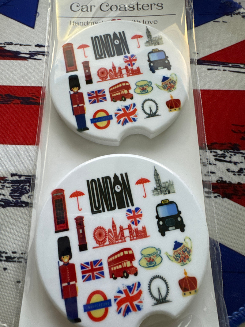 Car Coaster - Custom Made - London- Big Ben, Heart Union Jack, Taxi, etc - Ceramic, Set of 2