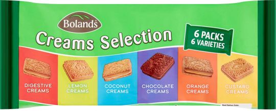 Bolands Traditional plain biscuits. For those who love to dunk a biscuit in their tea, these are a must! Digestive Creams, Lemon Creams, Coconut Creams, Chocolate Creams, Orange Creams and Custard Creams.