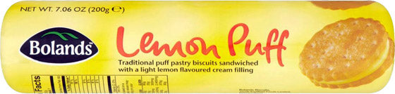 Bolands Lemon Puffs. Made in Ireland, Bolands Lemon Puffs are 2 slightly sweet puff pastry biscuits filled with a creamy lemon filling. A perfect treat to go with your afternoon tea.