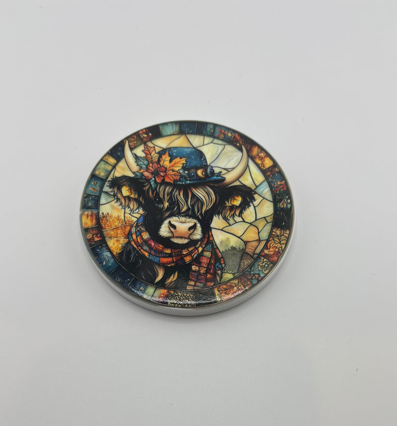 Coaster (4) - Scottish Highland Cow Ceramic 3.5" round with cork backing x 1