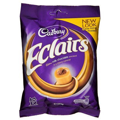 <p><span>Cadbury Chocolate Eclairs are a delicious combination of caramel and chocolate which has made Cadbury Chocolate Eclairs a long time favorite originally released for sale in 1932. Cadbury Chocolate Eclairs are u</span><span>nique in the sense that the chocolate is inside the of the delicious chewy caramel.</span></p> <p><span>This generous 130g bag is perfect for sharing with friends and family. </span></p> <p><span>Suitable for vegetarians.</span></p> <p><span>Individually Wrapped</span></p>