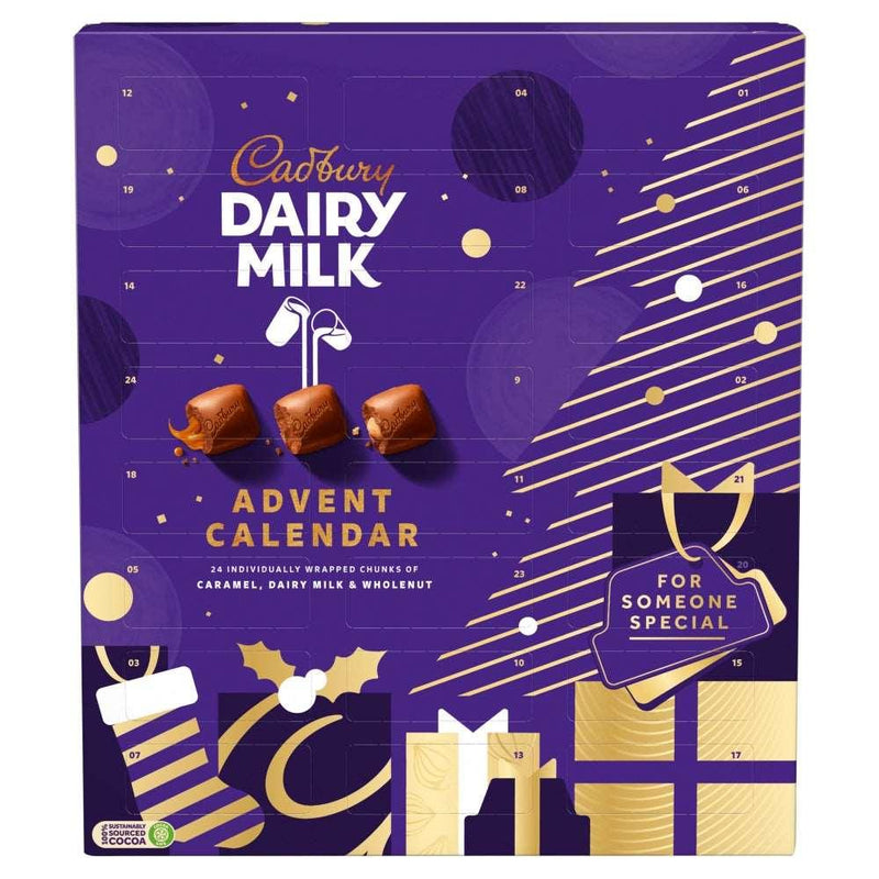 Enjoy a delicious countdown with the Cadbury Dairy Milk Mixed Advent Calendar 258g. Inside are 24 individually wrapped chunks of Dairy Milk, Caramel, and Whole Nut — a simple and tasty mix of classic Cadbury favourites for the festive season.