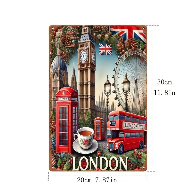 Sign - Vintage London Wall Icons Art Sign (Cup of Tea, Big Ben & Telephone etc) - 8x12 Inch (ON SPECIAL DUE TO SPELLING ON ICONS)