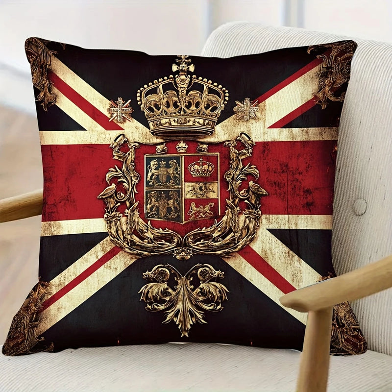 Cushion Cover - Union Jack with Crown & Crest (Pattern on one side/Pillow Insert not included) 18" x 18"