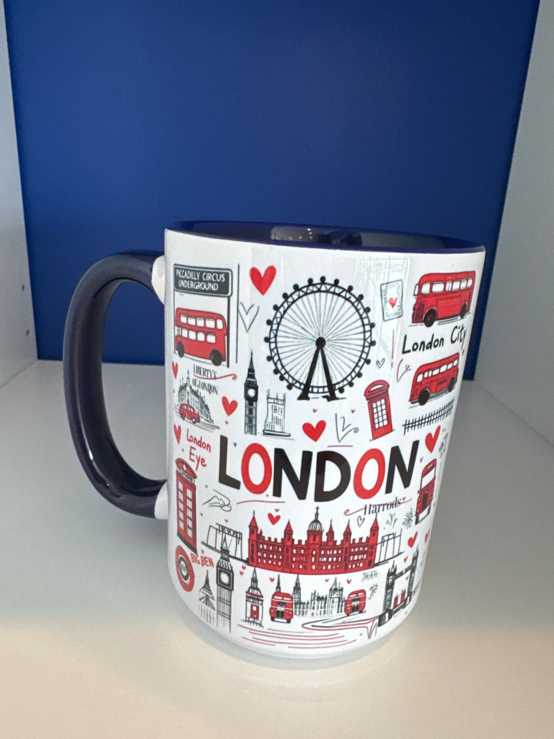 Mug 15oz. Custom Made London Icons Palace, London Eye, Telephone Box etc Blue Inner & Handle.
