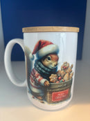 Mug 15oz. Custom made, Squirrel with Santa Hat and Sweater. Includes lid/coaster.