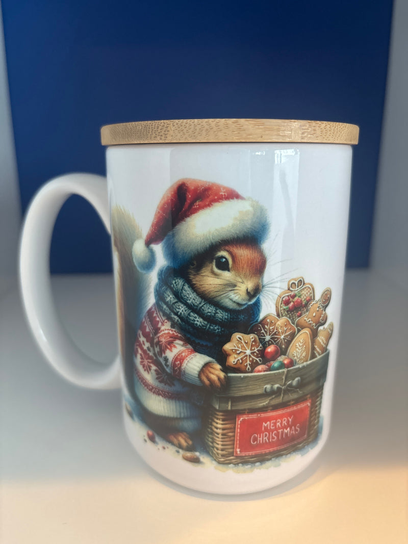 Mug 15oz. Custom made, Squirrel with Santa Hat and Sweater. Includes lid/coaster.