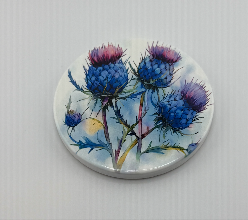 Coaster. Custom made Thistle (Blue & Pink) Designs may vary.