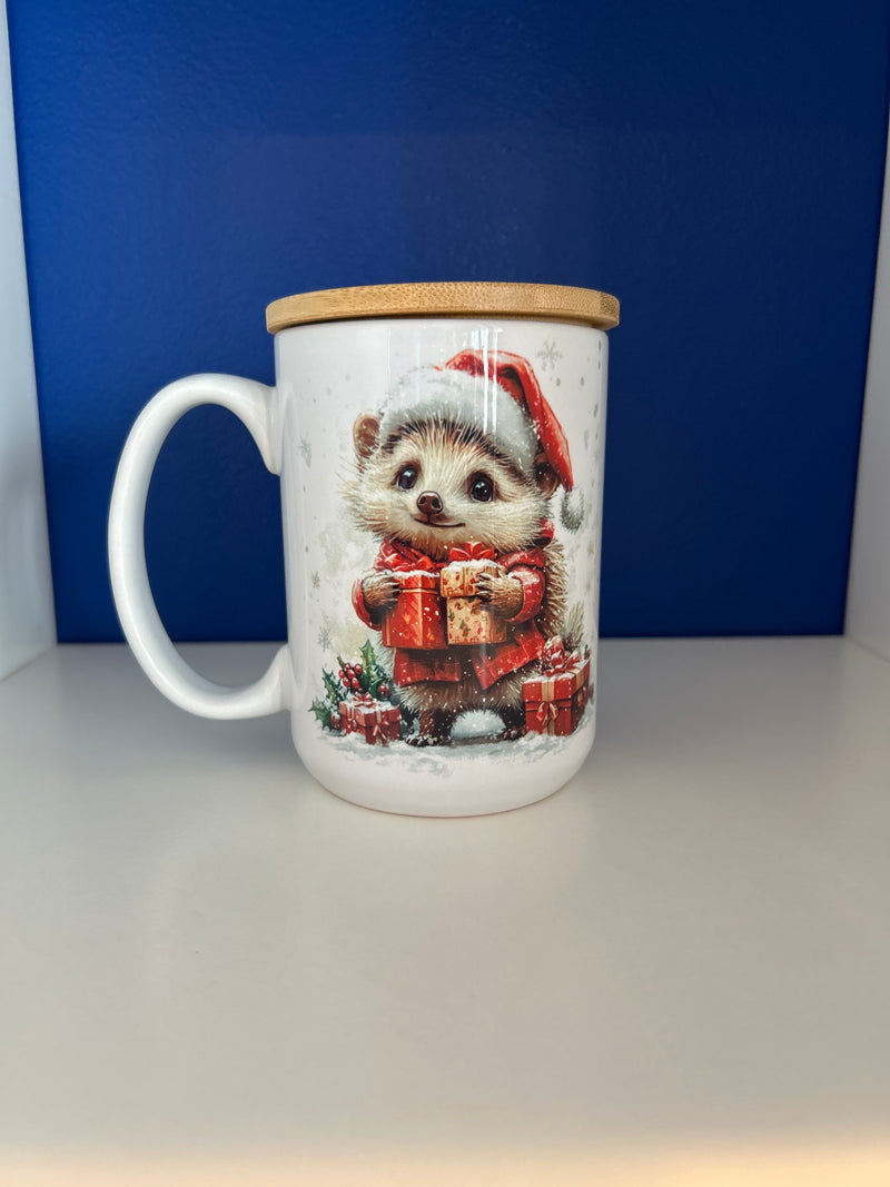 Mug 15oz.Custom Made Christmas Hedgehog with Santa Hat and Parcels with wood lid or coaster.