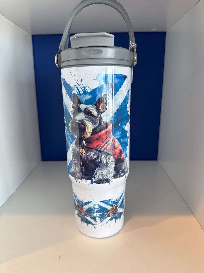 Tumbler. Custom Made Scottish Flag with Scotty Dog Flip Spout with straw and handle 30oz.