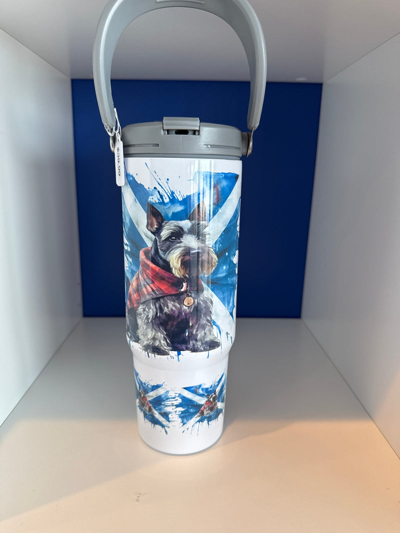 Tumbler. Custom Made Scottish Flag with Scotty Dog Flip Spout with straw and handle 30oz.