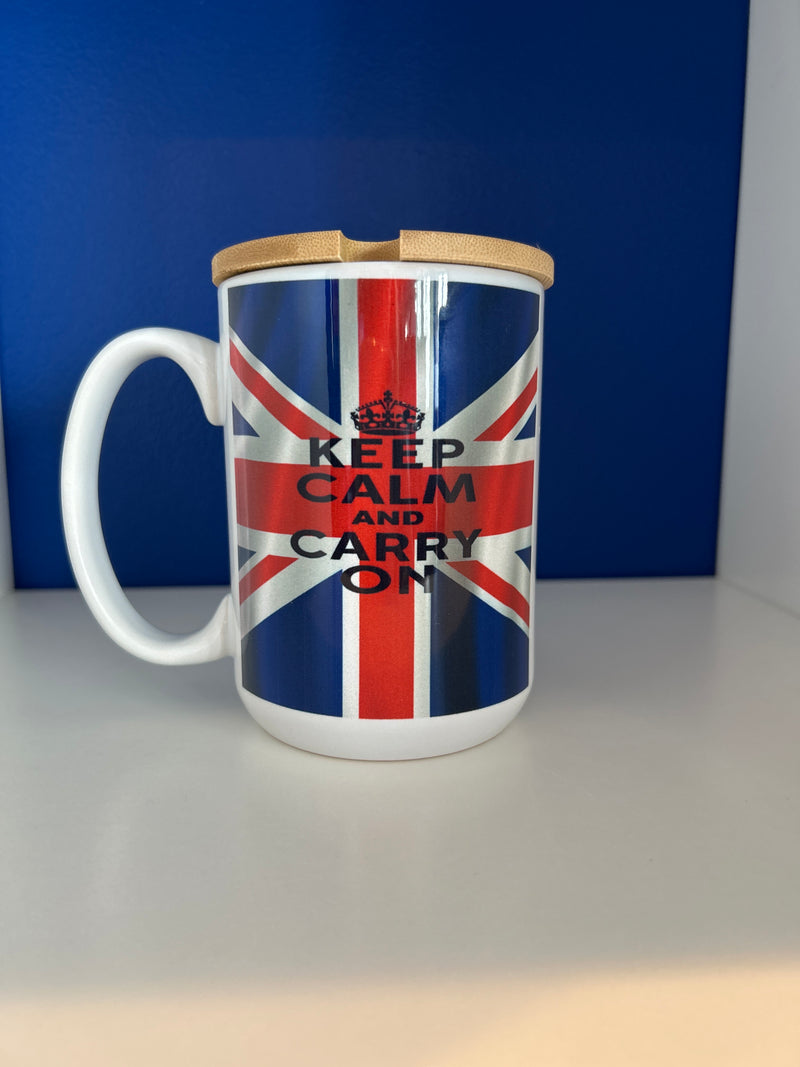 Mug 15oz Union Jack Flag Keep Calm and Carry On with lid/coaster