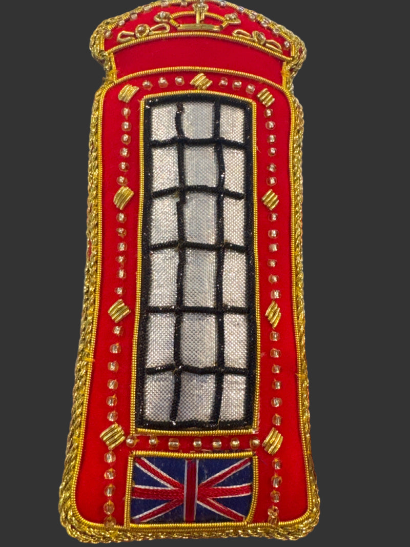 #53 Tinker Tailor Telephone Box with UK Flag Christmas Ornament.
