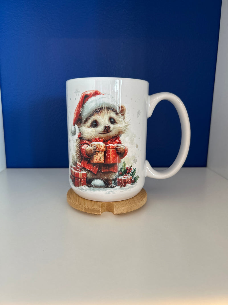 Mug 15oz.Custom Made Christmas Hedgehog with Santa Hat and Parcels with wood lid or coaster.