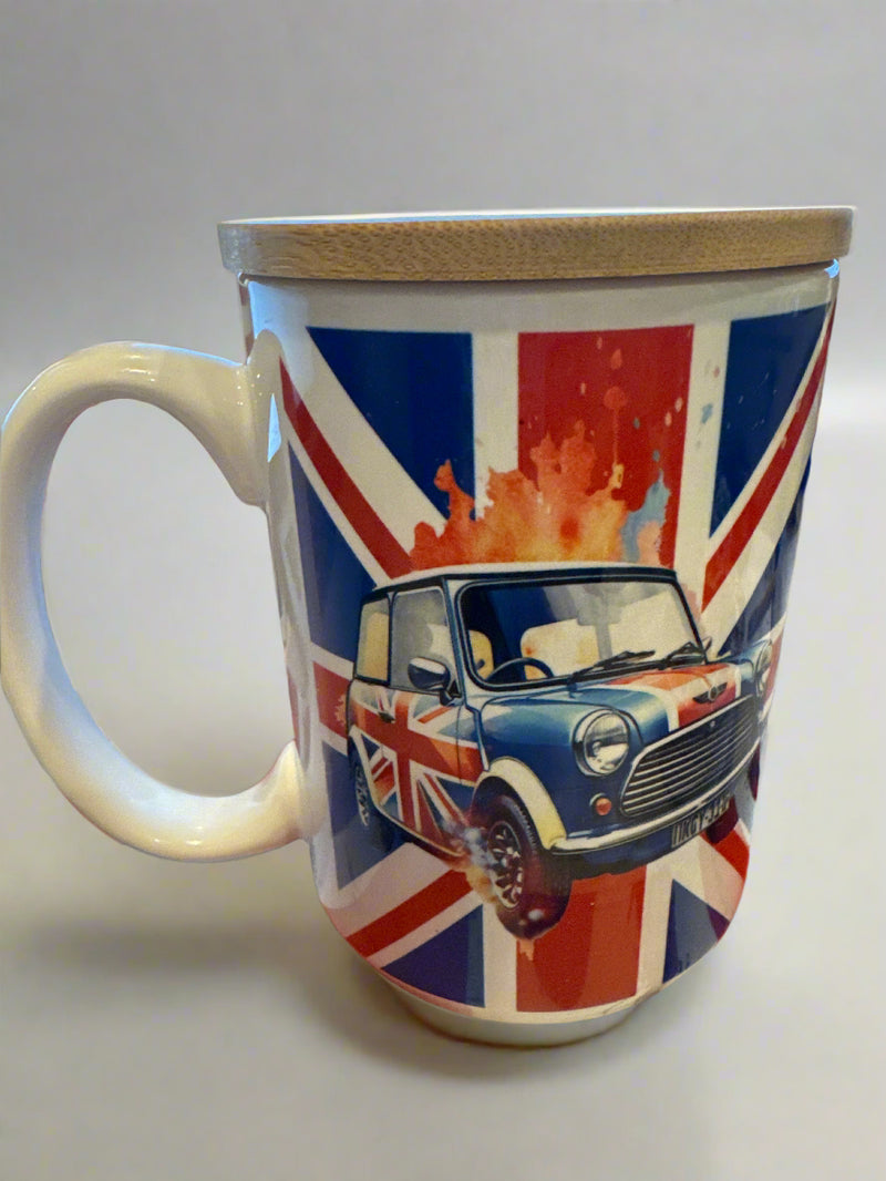 Mug 15oz Custom Made Mini Cooper & Union Jack with wood lid or coaster.