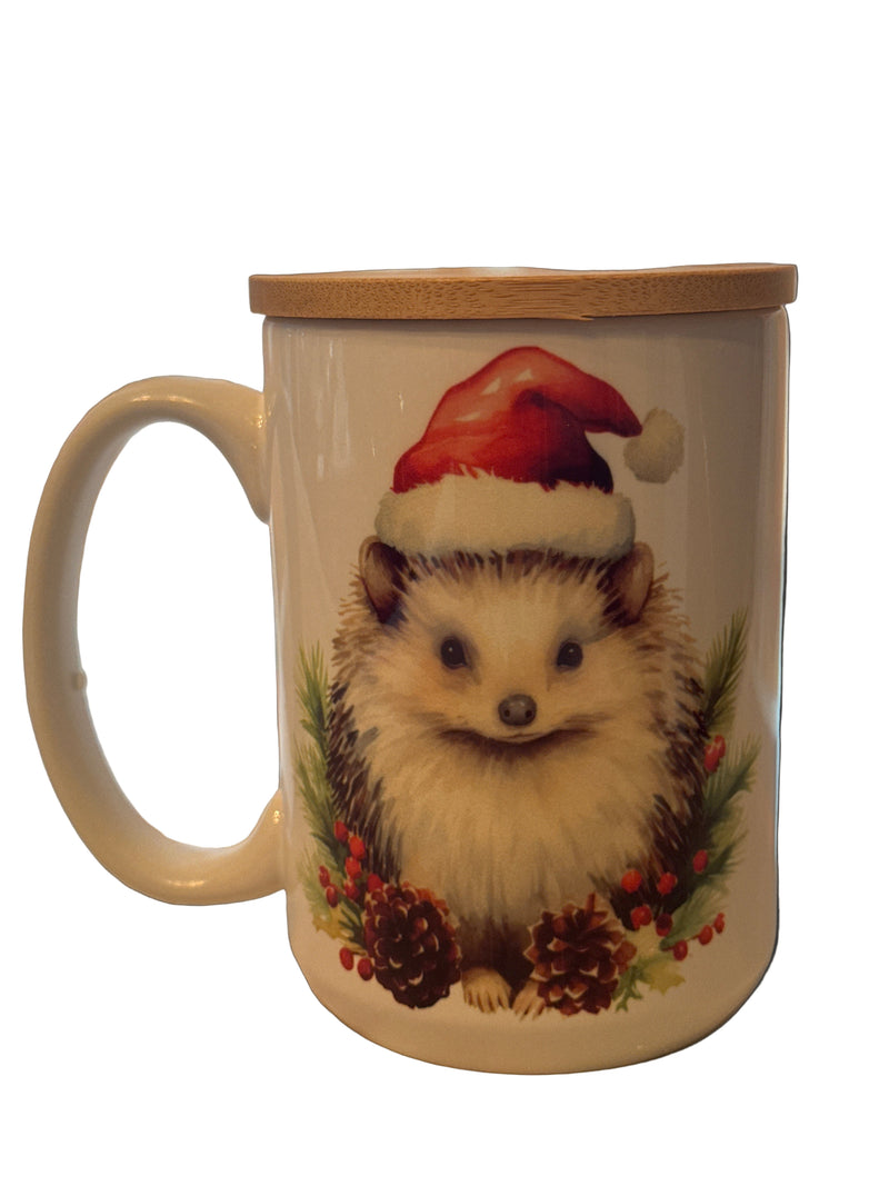 Mug 15oz. Custom Made Christmas Hedgehog with Santa Hat and Wood Lid