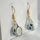 Earrings - Teacup Flower Blue & White Gold Colour Rim with Silver Alloy Hook, Size: 1.38"
