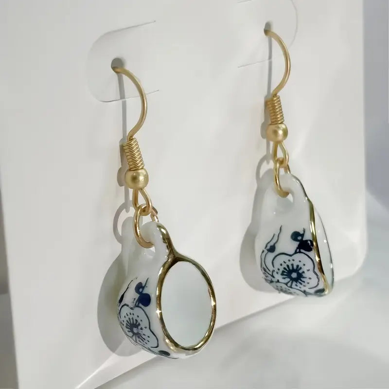 Earrings - Teacup Flower Blue & White Gold Colour Rim wirh Silver Alloy Hook