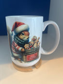 Mug 15oz. Custom made, Squirrel with Santa Hat and Sweater. Includes lid/coaster.