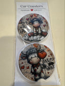 Car Coaster Ceramic - Custom Made - Highland Cow "Love is in the Air" 2-PK