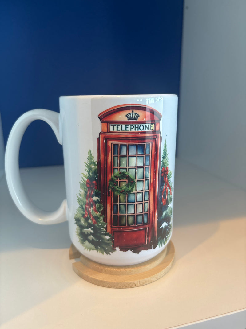 Mug 15oz. Custom Made Telephone Box with Christmas Wreath and Trees with lid/coaster