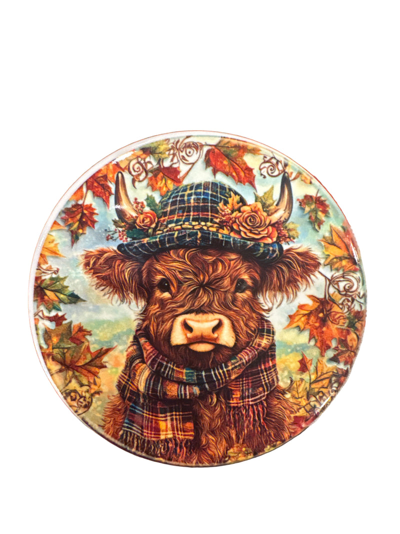 Coaster (4) - Scottish Highland Cow Ceramic 3.5" round with cork backing x 1