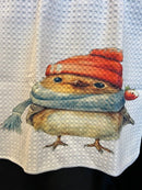 Tea Towel 15" x 27"- Custom Made Robin with a Scarf, Bobble Hat, Holly