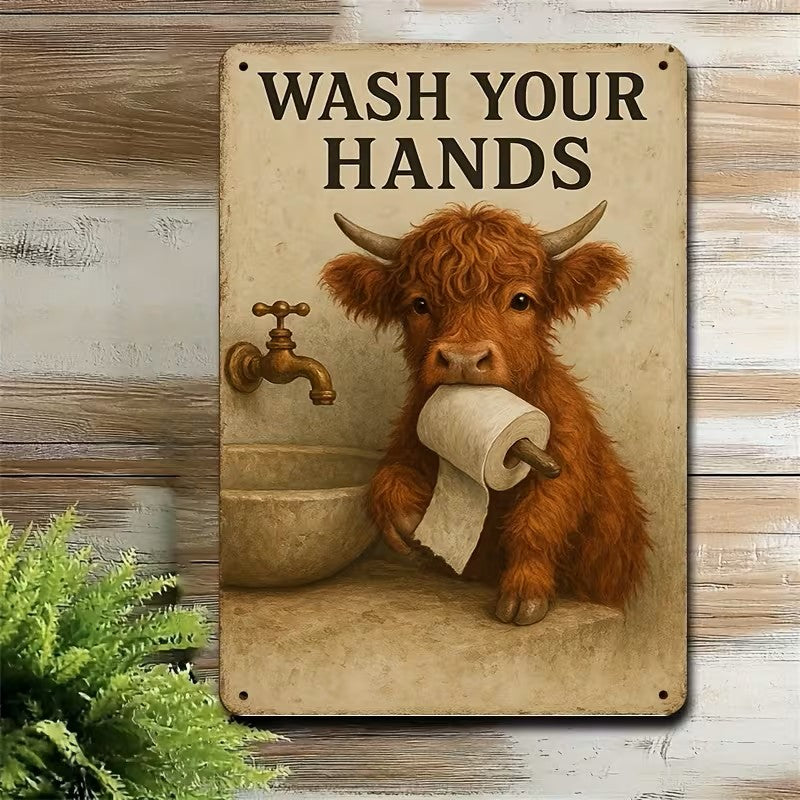 Sign - Metal Sign Highland Cow "Wash Your Hands" 2D (Approx 8"x12")