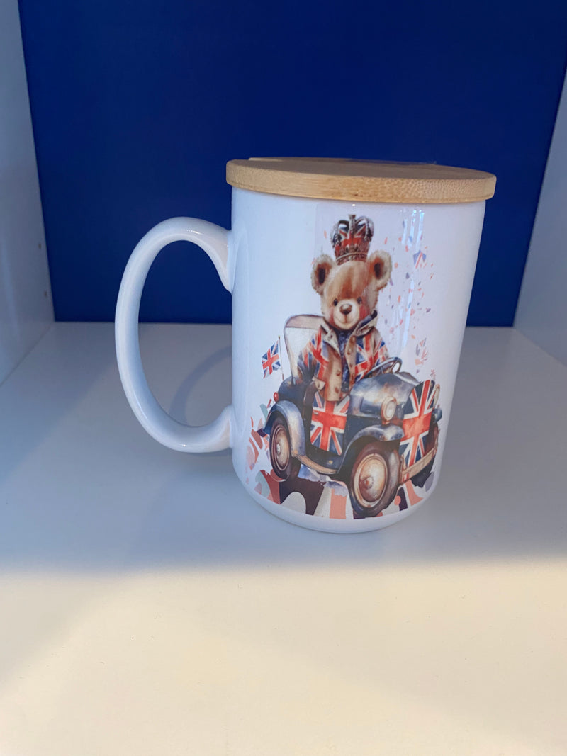 UK Bear in Car Mug 15oz with wood lid or coaster.