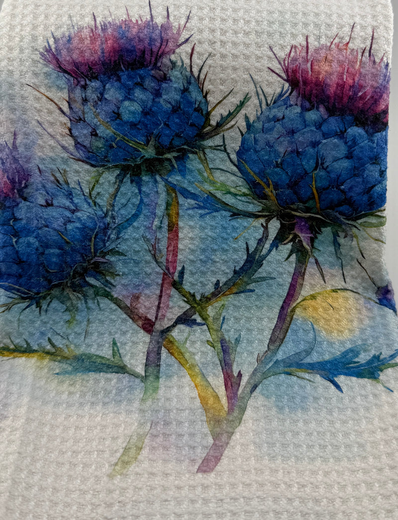 Tea Towel. Custom Made Thistle (15x27) Designs may vary.