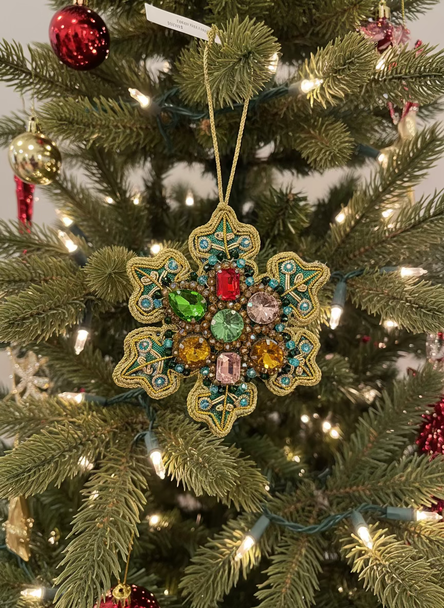 #66 Tinker Tailor Green Snowflake with Multi Crystals Christmas Ornament.