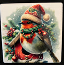 Coaster square - Custom Made Robin with Santa Hat on Birdhouse