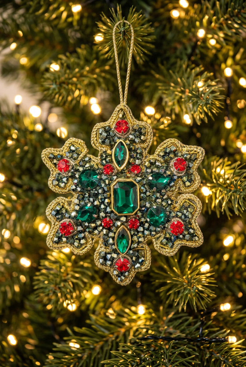 #66 Tinker Tailor Emerald Snowflake with Red Crystals Christmas Ornament.