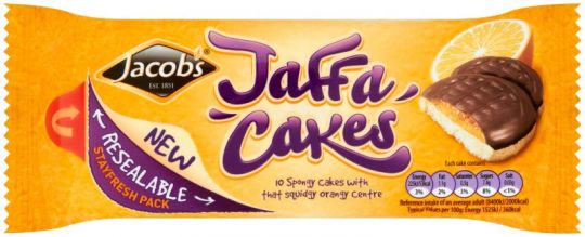 <p><span>Jacob's Jaffa Cakes - 5.3oz (147g) ... 10 Spongy Cakes&nbsp;</span></p> <p><span>The delicious combination of light sponge, plain chocolate and a smashing orange bit of jam in the middle, has made Jacob's Jaffa Cakes absolutely delicious.</span></p>