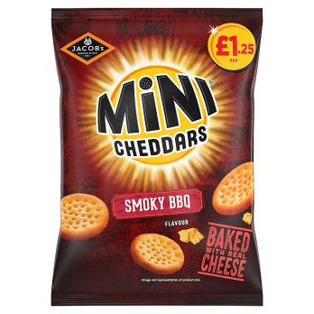 Satisfy your cravings with Jacob's Mini Cheddars Smoky BBQ Flavour! Made with real cheddar cheese, these bite-sized crackers are perfectly seasoned with a smoky BBQ flavor. With 90g in each pack, they're the ideal snack for any occasion. Perfect for cheese lovers and BBQ fans alike, indulge in a savory and tasty treat.