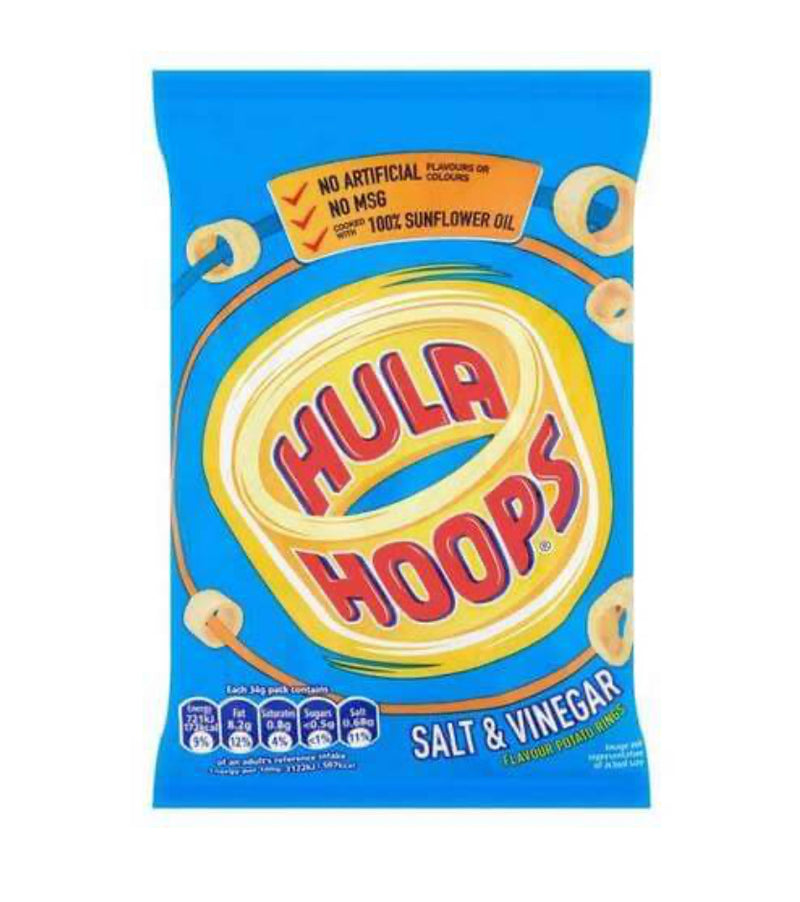 <p><span>KP Hula Hoops Salt &amp; Vinegar flavor crisps shaped as potato rings, that fit perfectly on your fingers. Yum!! Hula Hoops are cooked with 100% sunflower oil and are completely free from all artificial flavors, colors and MSG. </span></p> <p><span>Of course, they still taste as great as ever!</span></p> <p><span>Other Flavors include, Cheese &amp; Onion, Salt &amp; Vinegar, Original Ready Salted and BBQ Beef.</span></p>