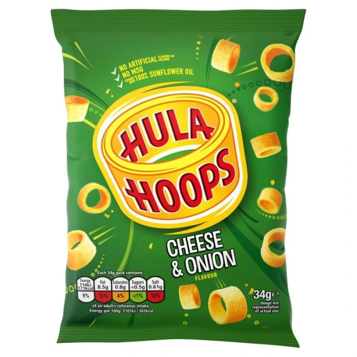 <p><span>KP Hula Hoops Cheese &amp; Onion flavor crisps shaped as potato rings, that fit perfectly on your fingers. Yum!! Hula Hoops are cooked with 100% sunflower oil and are completely free from all artificial flavors, colors and MSG. </span></p> <p><span>Of course, they still taste as great as ever!</span></p> <p><span>Other Flavors include, Cheese &amp; Onion, Salt &amp; Vinegar, Original Ready Salted and BBQ Beef.</span></p>