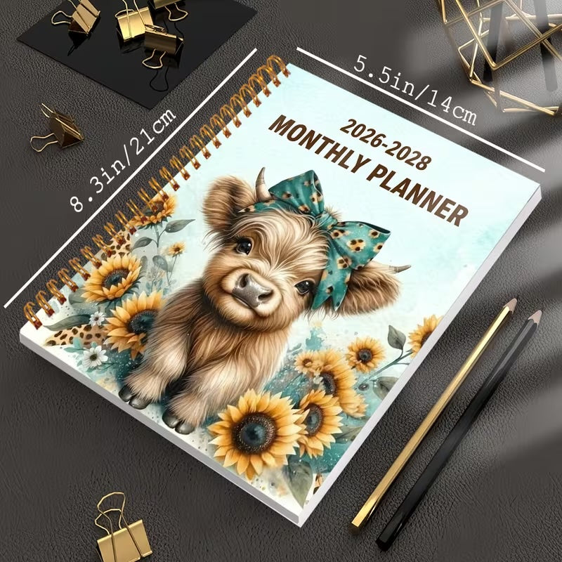 Monthly Planner Notebook - Highland Coo 2026-2028