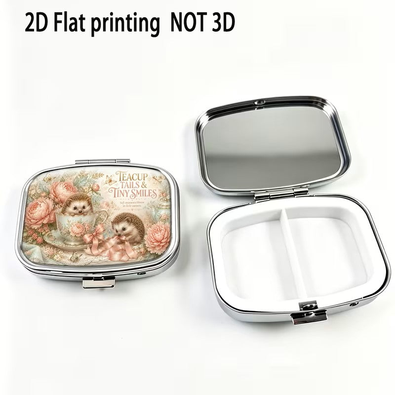 Pill Box - 2-Compartment - Hedgehog Print Design, Size 2.2" x 1.6"