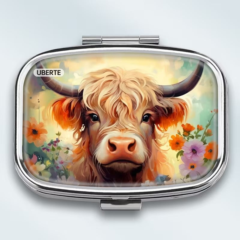 Pill Box - 2-Compartment - Highland Cow Floral