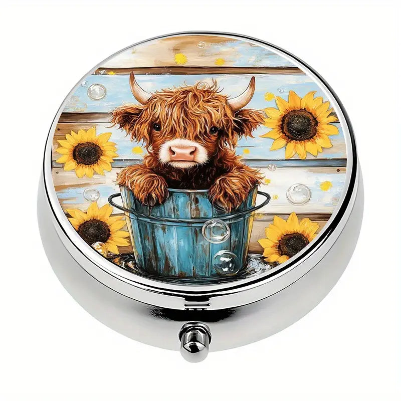 Pill Box - 3-Compartment Highland Cow & Sunflowers Design 2"