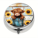 Pill Box - 3-Compartment - Cute Highland Cow & Sunflowers Design Size 2" x 2"