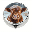 Pill Box - 3-Compartment - Highland Cow Winter Snow Scene Size 2" x 2"