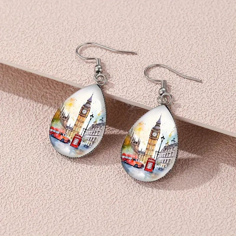 Earrings  - Vintage-Inspired Red Bus & Big Ben Street Scene Glass Drop