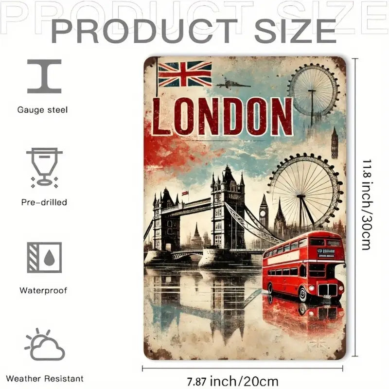 Sign - Metal London Vintage Tower Bridge, Double Decker London Eye (8" x 12")