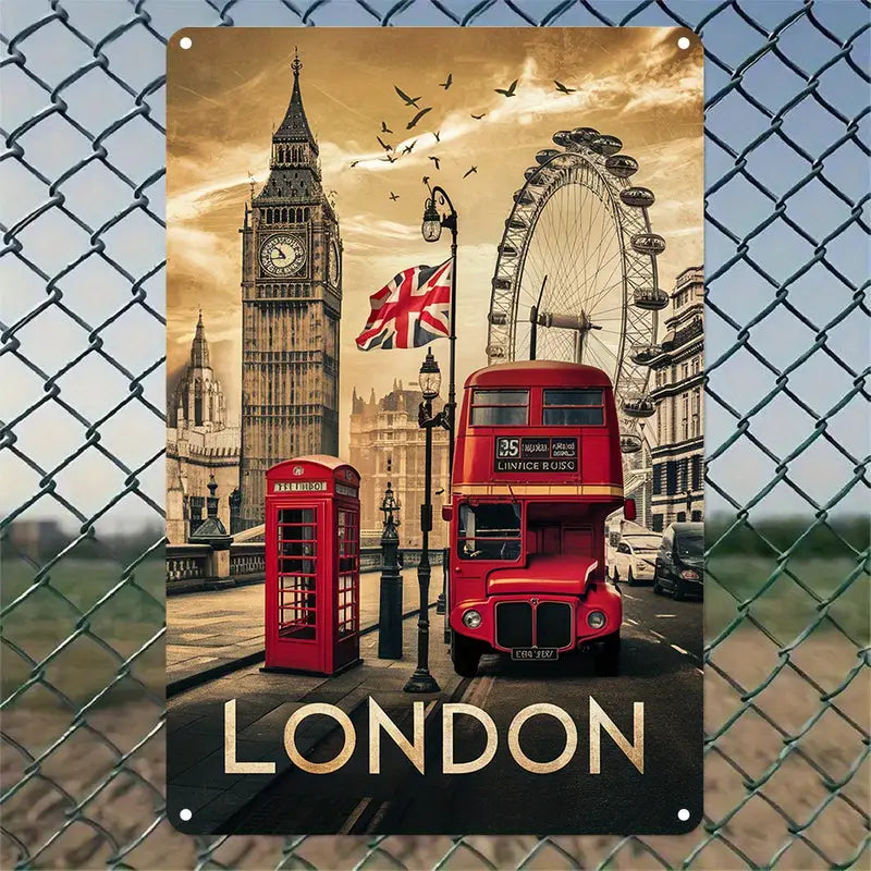 Sign - Vintage London Wall Icons Art Sign (Telephone, Double Decker etc) - 8x12 Inch (ON SPECIAL DUE TO SPELLING ON ICONS)