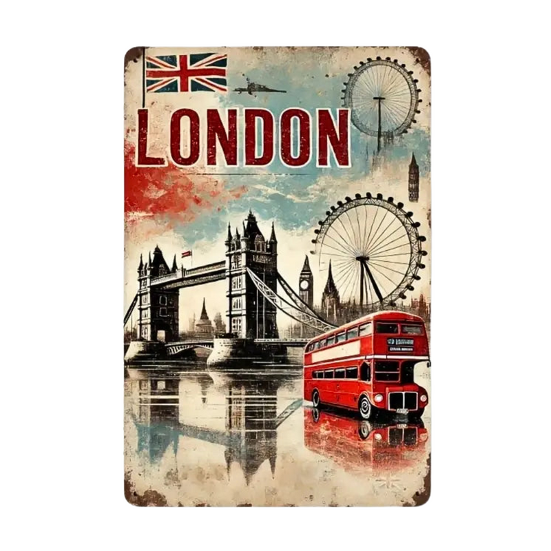 Sign - Metal London Vintage Tower Bridge, Double Decker London Eye (8" x 12")