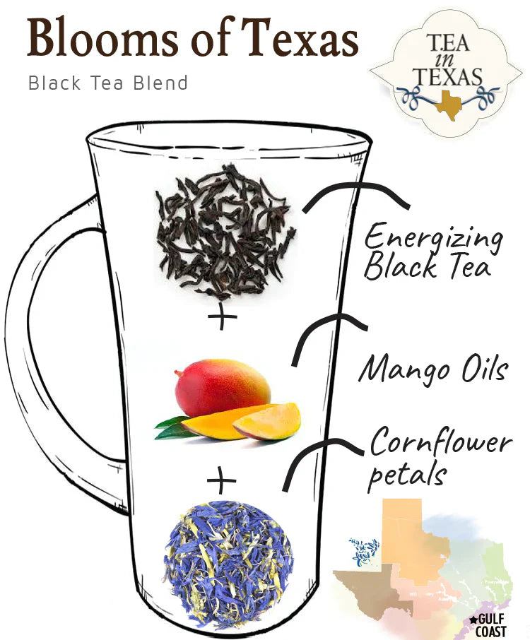 Fruity Black Blends - Great for Iced Teas  Popular in the prairies of Texas, an all-around favorite black tea with tropical mango oils and blue safflower petals.   Ingredients: Black tea, rose blossoms, cornflowers, safflowers, and tropical mango oils.