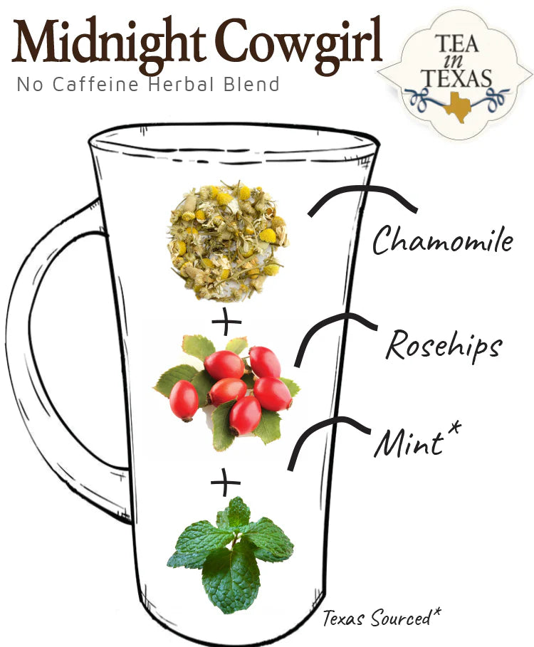 Herbal Infusions - Caffeine Free  A natural blend of chamomile, rosehips and Texas mint to help you relax and have a good night's sleep. An evening ritual&nbsp;you will enjoy.  Ingredients: Chamomile, rosehips, and peppermint.